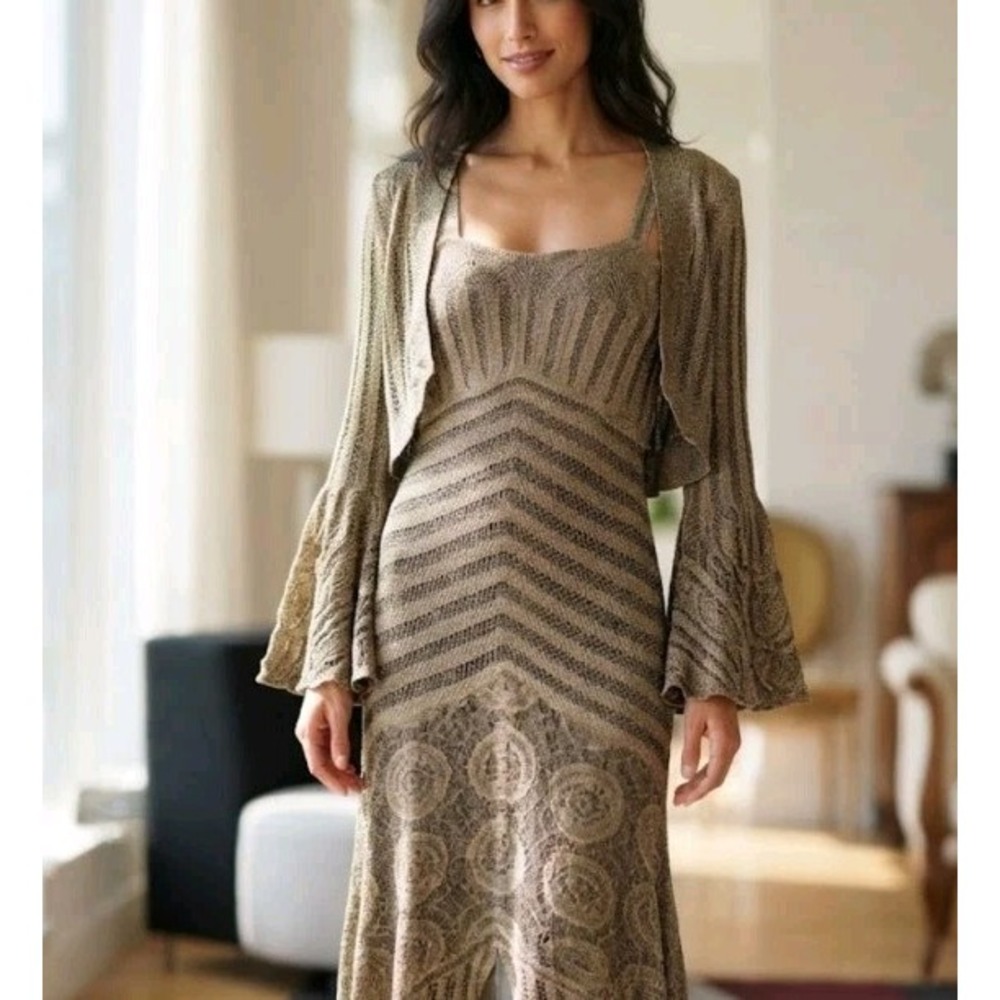 Damianou Womens 2-Piece Metallic Knit Dress & Cardigan Set Gold Black Size L
